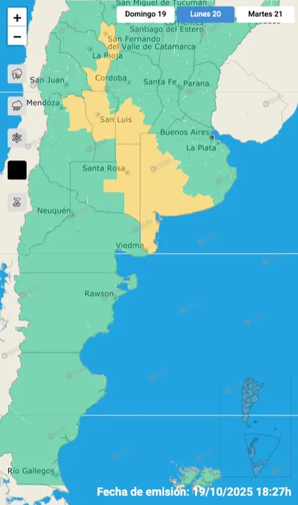 Alerta por viento fuerte este lunes en Buenos Aires y otras seis provincias. Fuente: Servicio Meteorológico Nacional. Alerta por viento fuerte este lunes en Buenos Aires y otras seis provincias. Fuente: Servicio Meteorológico Nacional.