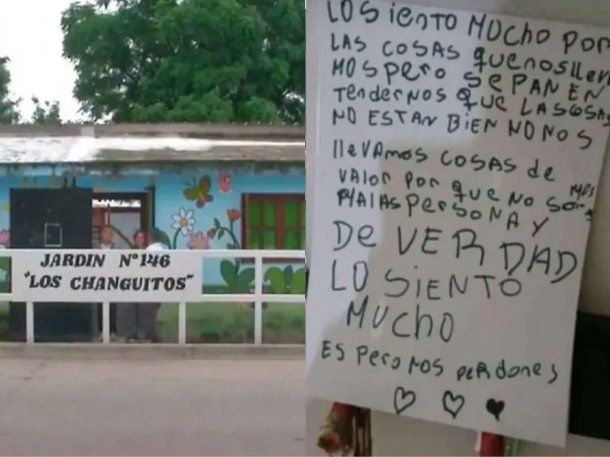 Robaron un jardín de infantes y pidieron disculpas: Sepan entendernos