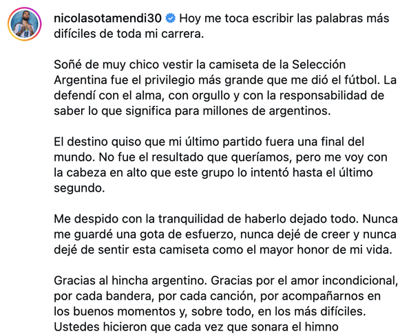 La despedida de Nicolás Otamendi con una emotiva carta: "Con la cabeza en alto" La despedida de Nicolás Otamendi con una emotiva carta: "Con la cabeza en alto"