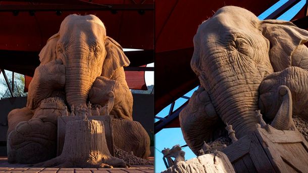 La asombrosa escultura de arena de un elefante y un ratón jugando al ajedrez