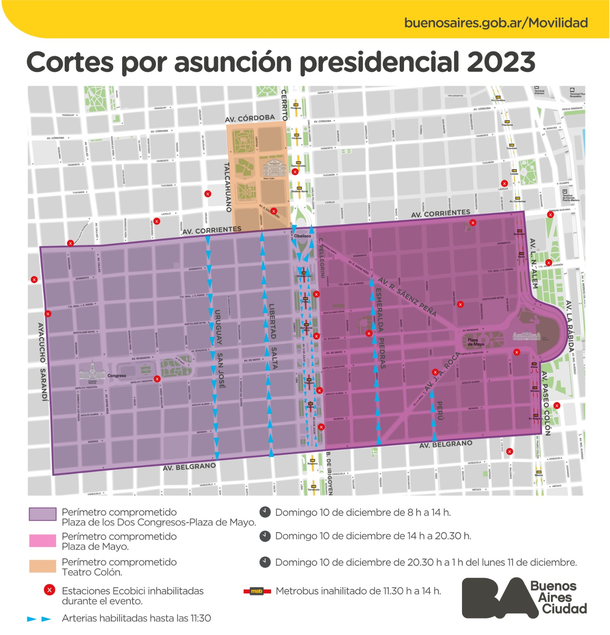 Mapa de cortes de tránsito en la Ciudad de Buenos Aires por la asunción de Javier Milei. Mapa de cortes de tránsito en la Ciudad de Buenos Aires por la asunción de Javier Milei.