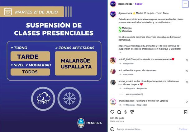 Mendoza bajo cero: siguen suspendidas las clases en escuelas de Malargüe y Uspallata por intensas nevadas