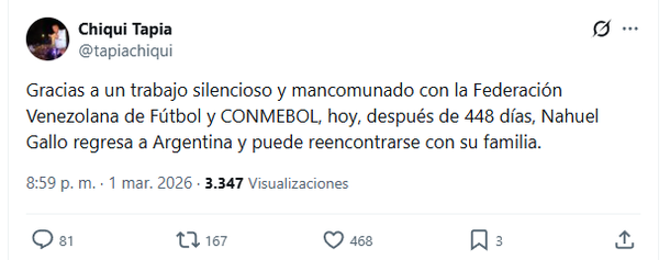 Chiqui Tapia celebró en sus redes el exitoso operativo para rescatar al gendarme argentino. Chiqui Tapia celebró en sus redes el exitoso operativo para rescatar al gendarme argentino.
