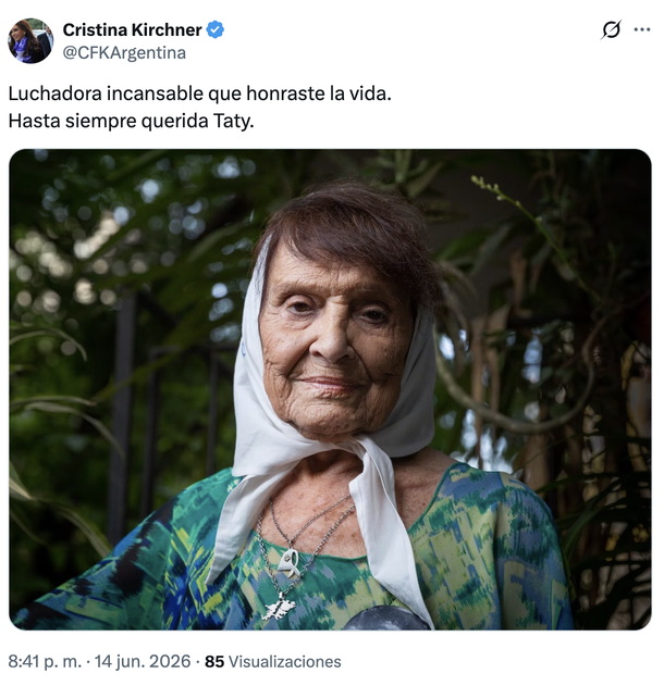 "Honraste la vida": el mensaje de Cristina Kirchner por la muerte de Taty Almeida "Honraste la vida": el mensaje de Cristina Kirchner por la muerte de Taty Almeida