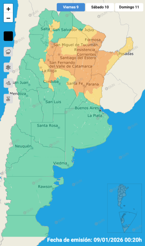 El mapa del Servicio Meteorol&oacute;gico Nacional por la alerta por tormentas y granizo para este viernes.&nbsp;