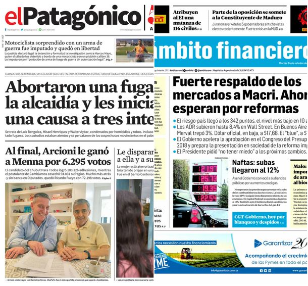 Tapas de diarios del martes 24 de octubre de 2017