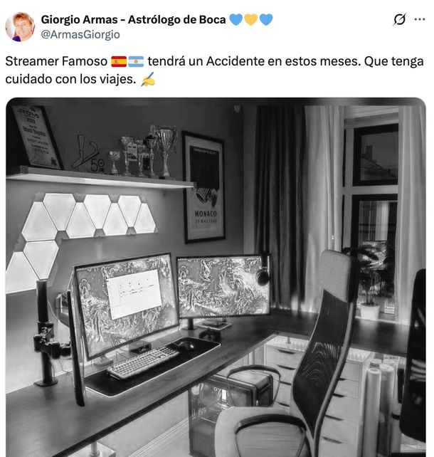 Bronca en redes sociales con Giorgio Armas, el astrólogo de Boca, por dar a entender que anticipó el accidente de Gaspi. Bronca en redes sociales con Giorgio Armas, el astrólogo de Boca, por dar a entender que anticipó el accidente de Gaspi. 