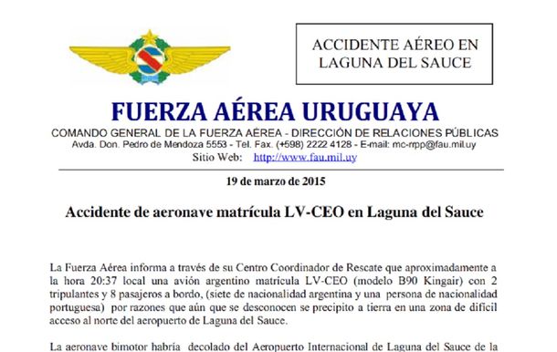 El comunicado de la Fuerza Aérea uruguaya por el accidente aéreo