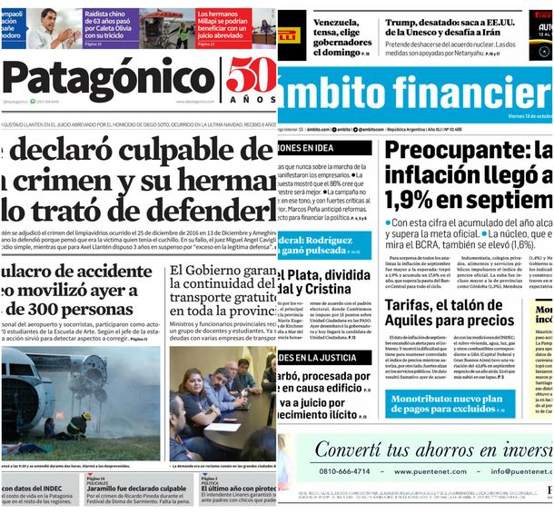 Tapas de diarios del viernes 13 de octubre de 2017