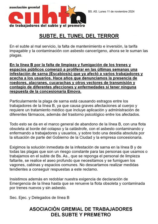 La denuncia de los trabajadores del subte sobre la presencia de sarna en la Línea B