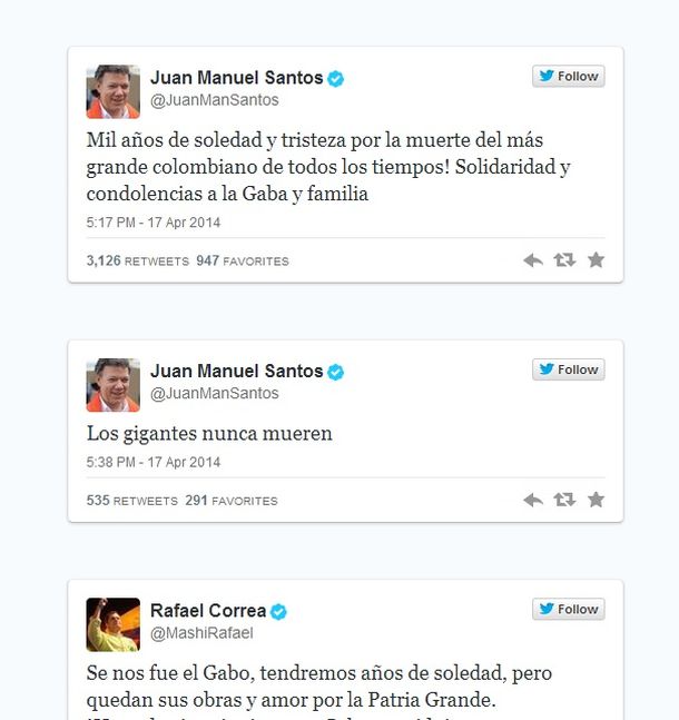 Personalidades y famosos despiden a García Márquez en las redes sociales