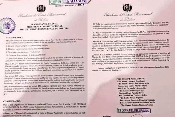 Decreto 4078 que otorga amnistía a militares y policías para que repriman en Bolivia.&nbsp;