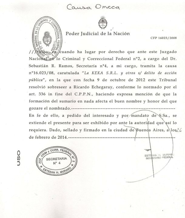 Echegaray fue sobreseído de manera definitiva en la causa ONCCA