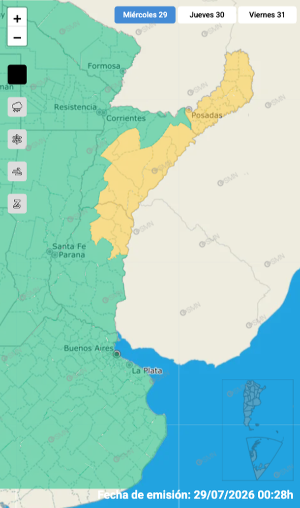 Rige una alerta por tormentas fuertes, r&aacute;fagas de hasta 90 km/h y posible ca&iacute;da de granizo. Fuente: Servicio Meteorol&oacute;gico Nacional.