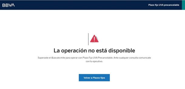 El mensaje del BBVA a la hora de intentar constituir un plazo fijo UVA por encima de los 500 mil pesos: "Superaste el límite para operar con Plazo Fijo UVA" El mensaje del BBVA a la hora de intentar constituir un plazo fijo UVA por encima de los 500 mil pesos: "Superaste el límite para operar con Plazo Fijo UVA"