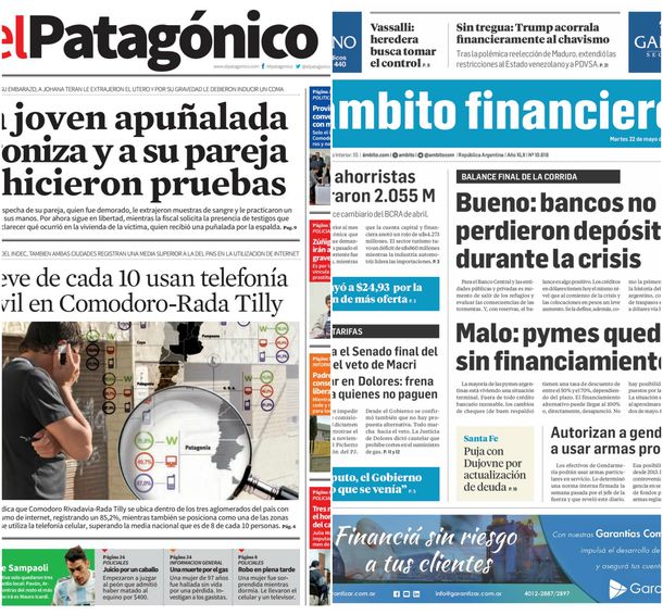 Tapas de diarios del martes 22 de mayol de 2018