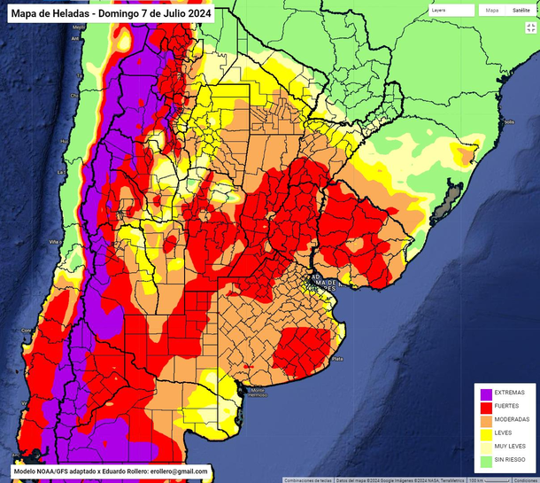 El mapa de las posibles heladas en Buenos Aires para este domingo. Fuente: Eduardo Rollero.