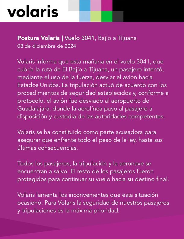 Intento de secuestro de un avión en México: el comunicado de Volaris