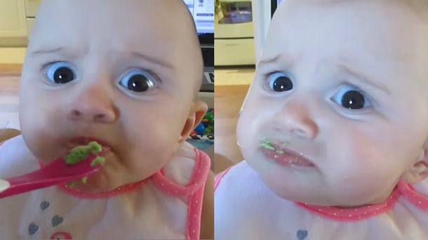Una bebé come palta por primera vez y se lleva una impresión difícil de olvidar