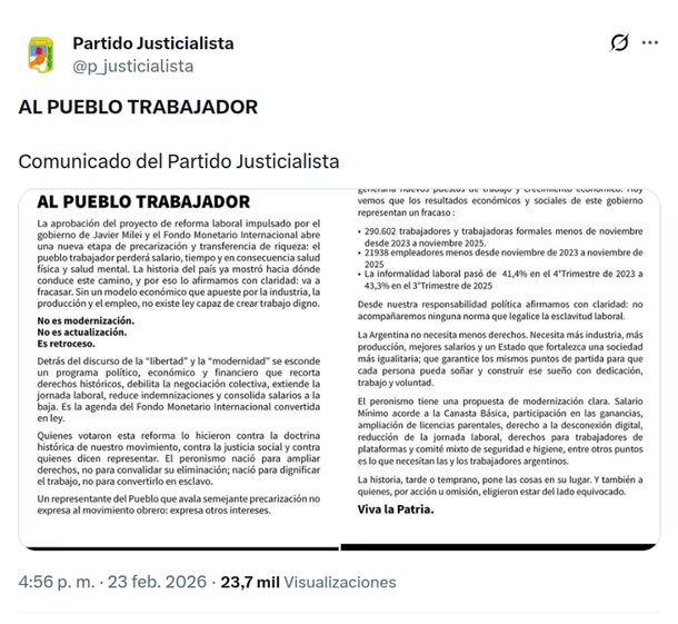 El comunicado del Partido Justicialista contra los que votaron por la Reforma Laboral: Del lado equivocado