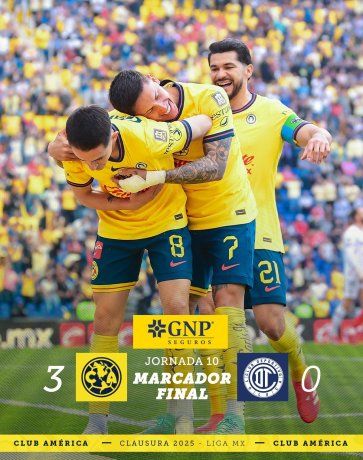 América goleó a Toluca 3 a 0 y no le pierde pisadas al líder León