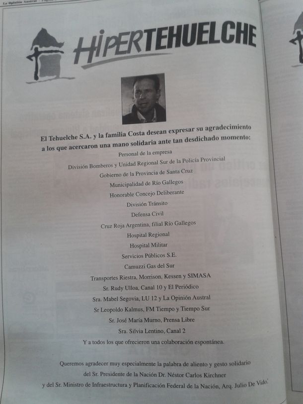 En 2006, Costa agradecía la solidaridad de Kirchner tras incendio de un comercio