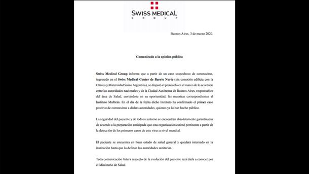 El primer paciente con coronavirus de Argentina fue trasladado a otro sanatorio