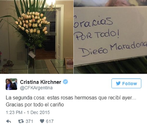 Maradona le mandó un ramo de rosas a Cristina con el mensaje Gracias por todo!