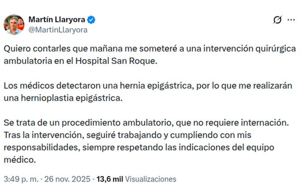 Córdoba: el gobernador Martín Llaryora será sometido a una operación esta semana