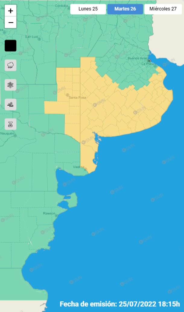 Mapa de alertas por tormentas, granizo y lluvias en Buenos Aires y La Pampa. Fuente: Servicio Meteorológico Nacional.