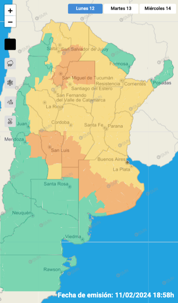 Mapa de alertas por tormentas y granizo para este lunes en Buenos Aires y 17 provincias. Fuente: Servicio Meteorológico Nacional. 