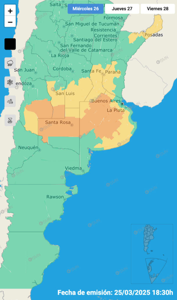 Alerta por tormentas fuertes y granizo en Buenos Aires y otras ocho provincias. Fuente: Servicio Meteorológico Nacional. Alerta por tormentas fuertes y granizo en Buenos Aires y otras ocho provincias. Fuente: Servicio Meteorológico Nacional.