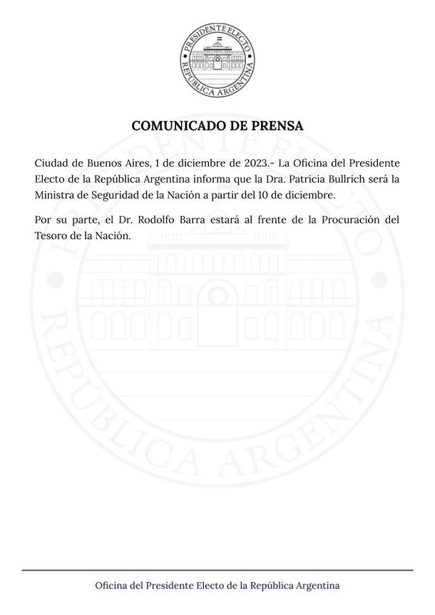 Patricia Bullrich fue confirmada como ministra de Seguridad del gobierno de Javier Milei