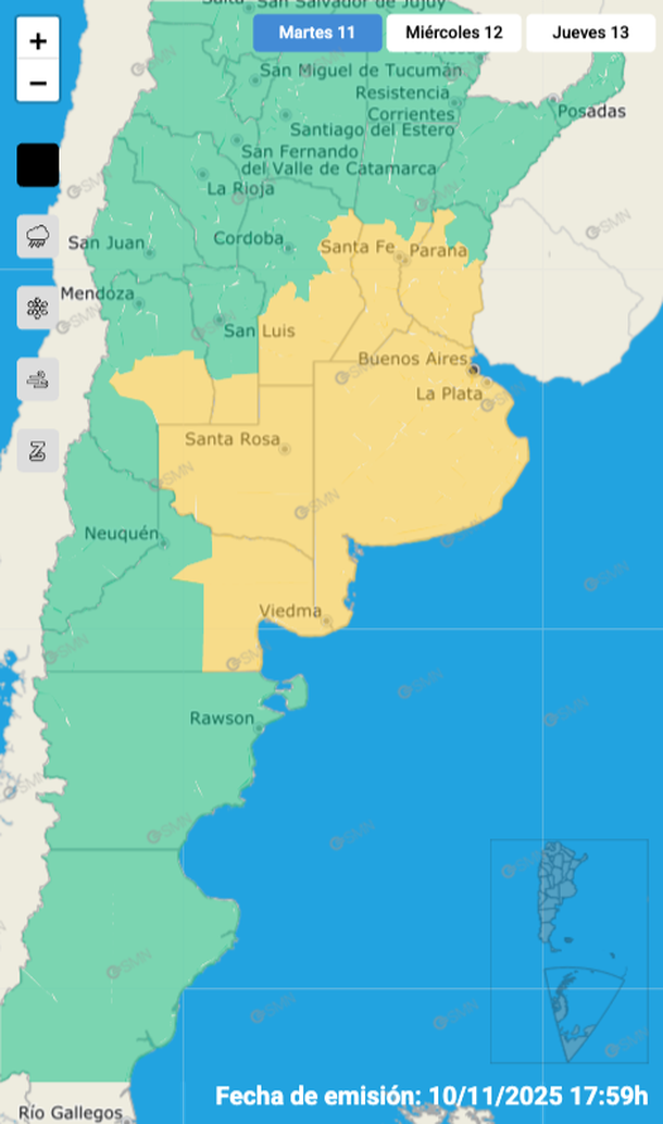 Alerta por tormentas fuertes y granizo para este martes en Buenos Aires y otras siete provincias. Fuente: Servicio Meteorol&oacute;gico Nacional.