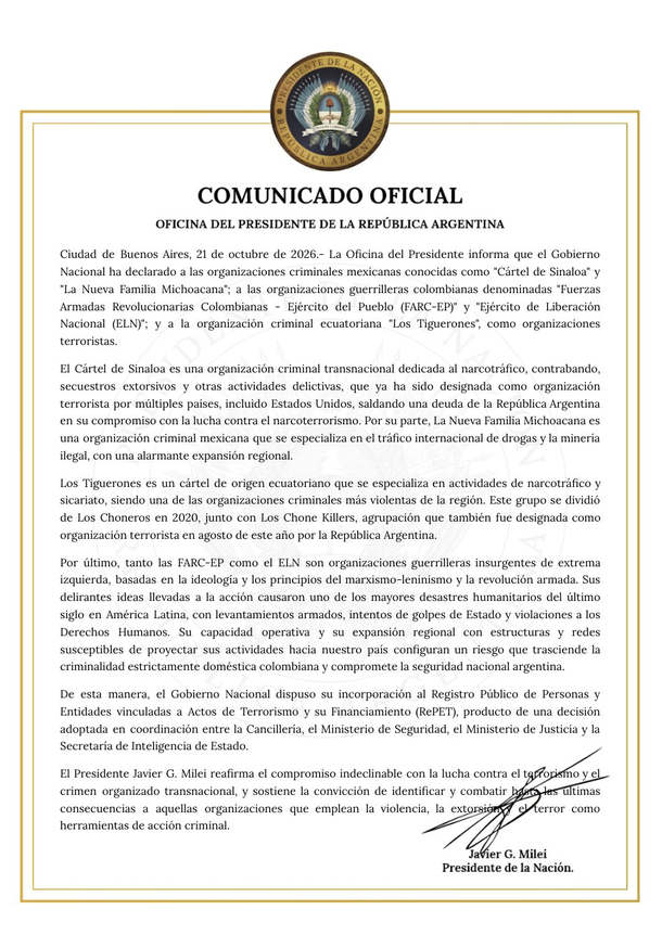 Javier Milei declar&oacute; como organizaciones terroristas a cinco c&aacute;rteles y guerrillas de Latinoam&eacute;rica