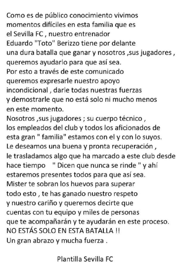 Piel de gallina: la emocionante carta de los jugadores de Sevilla para Eduardo Berizzo