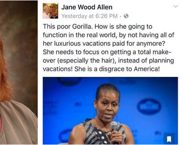 Captura del Facebook de Jane Wood Allen en el que llama gorila a Michelle Obama y su foto de perfil