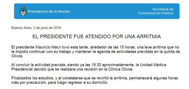 Éste es el comunicado oficial sobre la salud de Mauricio Macri