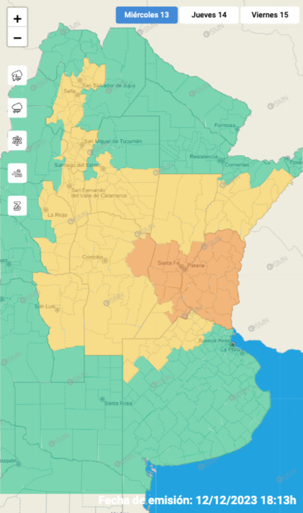 Mapa de alertas por tormentas y granizo hoy en Buenos Aires y otras 11 provincias. Fuente: Servicio Meteorológico Nacional. Mapa de alertas por tormentas y granizo hoy en Buenos Aires y otras 11 provincias. Fuente: Servicio Meteorológico Nacional.