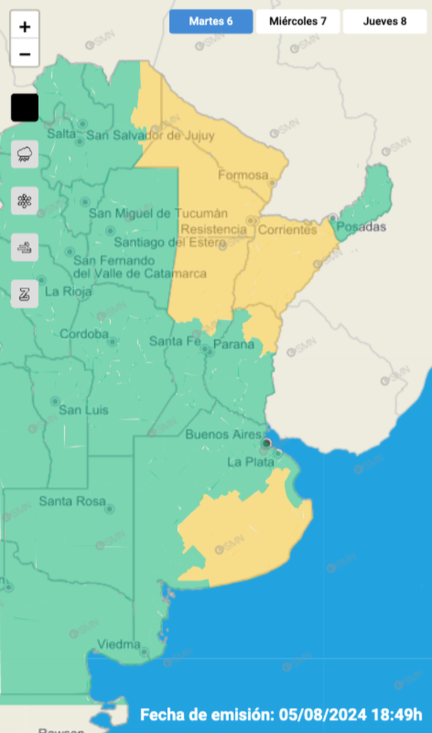 Alerta por tormentas y granizo en Buenos Aires y otras seis provincias. Fuente: Servicio Meteorol&oacute;gico Nacional.&nbsp;