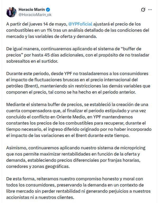 YPF aumenta los precios de los combustibles desde este jueves