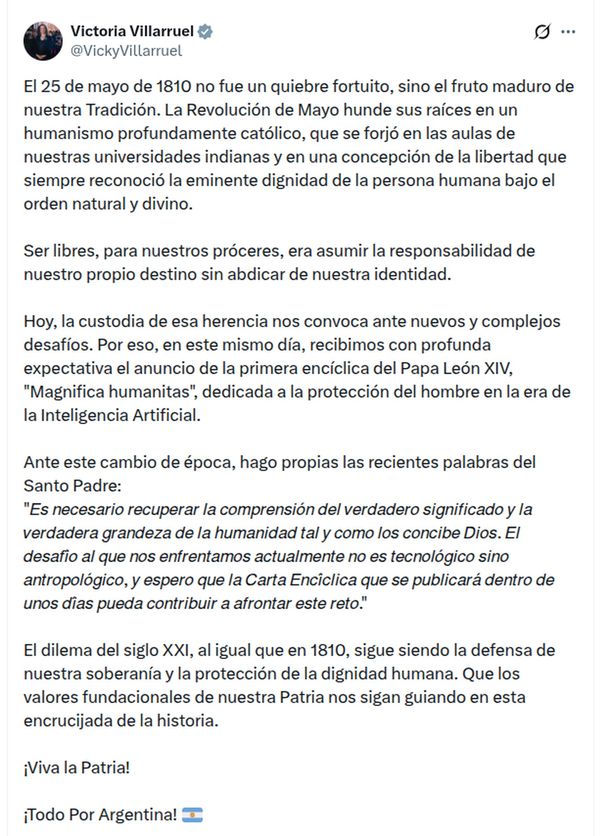 El mensaje de Victoria Villarruel tras ser exluída de los festejos por el 25 de Mayo El mensaje de Victoria Villarruel tras ser exluída de los festejos por el 25 de Mayo