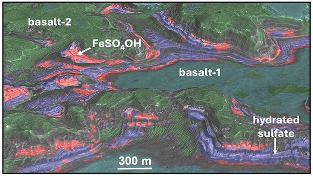 Una vista de la meseta sobre Juventae Chasma con unidades de composición del instrumento Compact Reconnaissance Imaging Spectrometer for Mars (CRISM). (Foto: SETI/NASA). Una vista de la meseta sobre Juventae Chasma con unidades de composición del instrumento Compact Reconnaissance Imaging Spectrometer for Mars (CRISM). (Foto: SETI/NASA).
