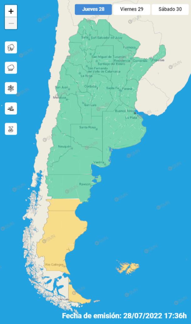 Mapa de alerta por vientos y nieve en el sur del país. Fuente: Servicio Meteorológico Nacional.