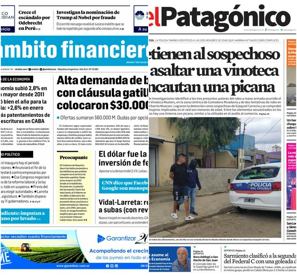 Tapas de diarios del lunes 5 de marzo de 2018