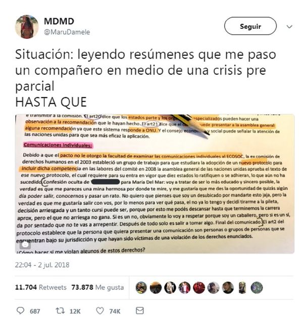 Invitó a salir a una compañera desde un apunte de la facuntad