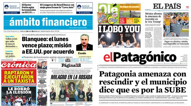 Tapas de diarios del viernes 18 de noviembre de 2016