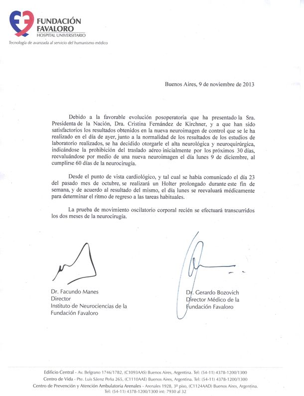 Este es el nuevo parte médico de la presidente Cristina Fernández