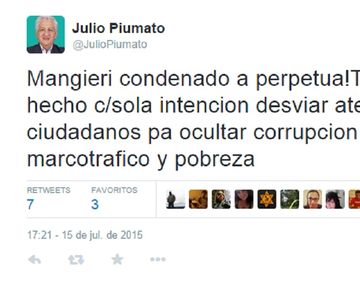 El desubicado tuit de Piumato tras la sentencia