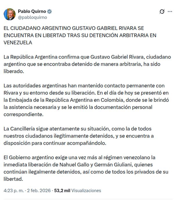 Venezuela liberó al primero de los ciudadanos argentinos detenidos como presos políticos
